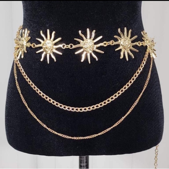 Celestial Sun Multi Layer Chain Statement Belt Metal Waist Belt Adjustable Gold - Picture 1 of 10
